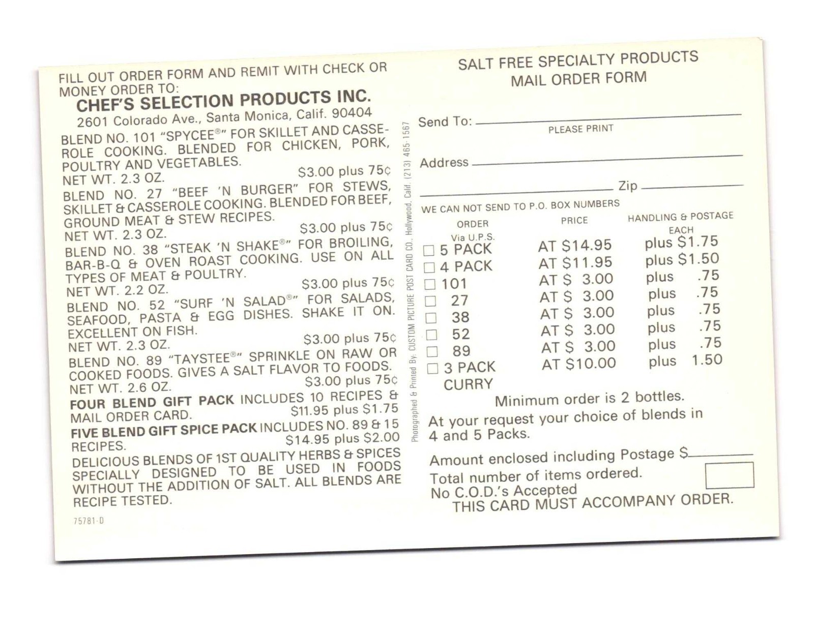 Salt free seasonings, No salt no sugar no preservatives no MSG VTG postcard UNP