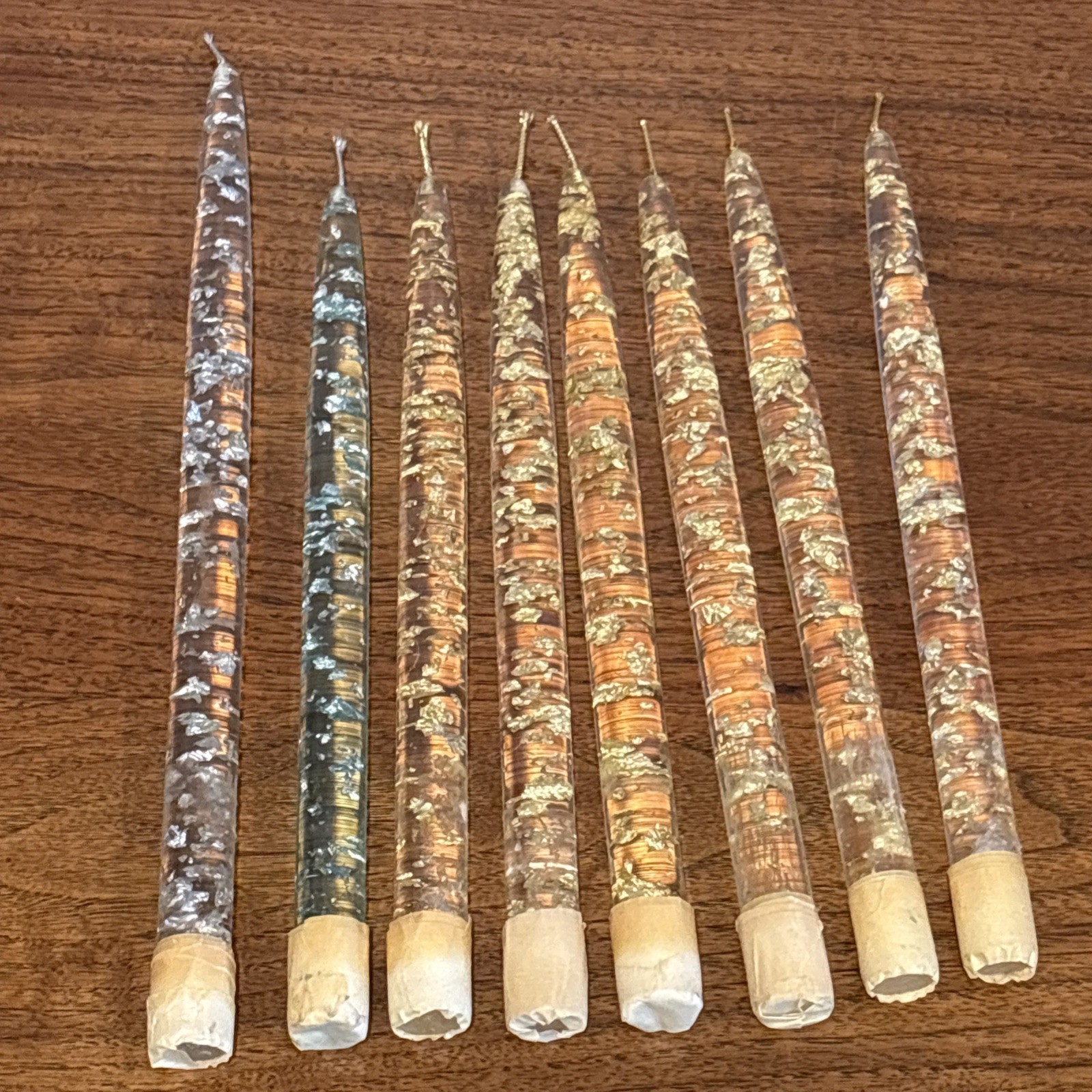 LOT OF 8 VINTAGE MCM CLEAR BLUE LUCITE GOLD SILVER FLAKE TAPER CANDLES 10″ & 12”