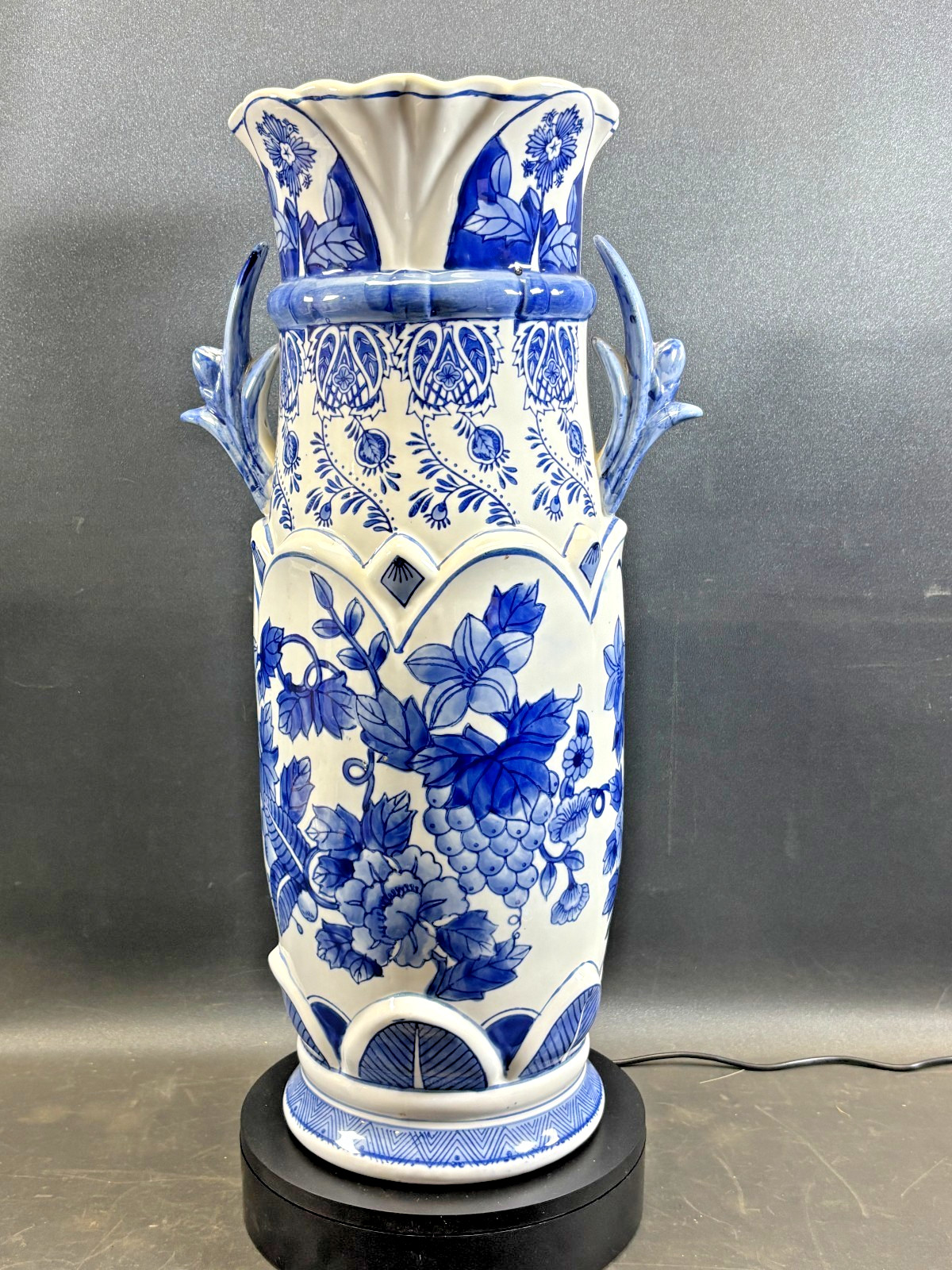 Vintage Large Blue & White Chinoiserie Floral Fruit Vase Scalloped Edge 18.5”