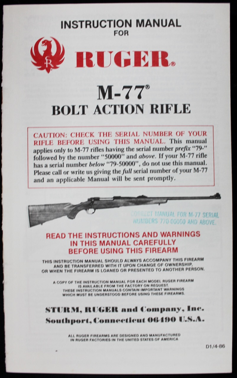 Original 1986 Ruger Instruction Manual M-77 Bolt Action Rifle