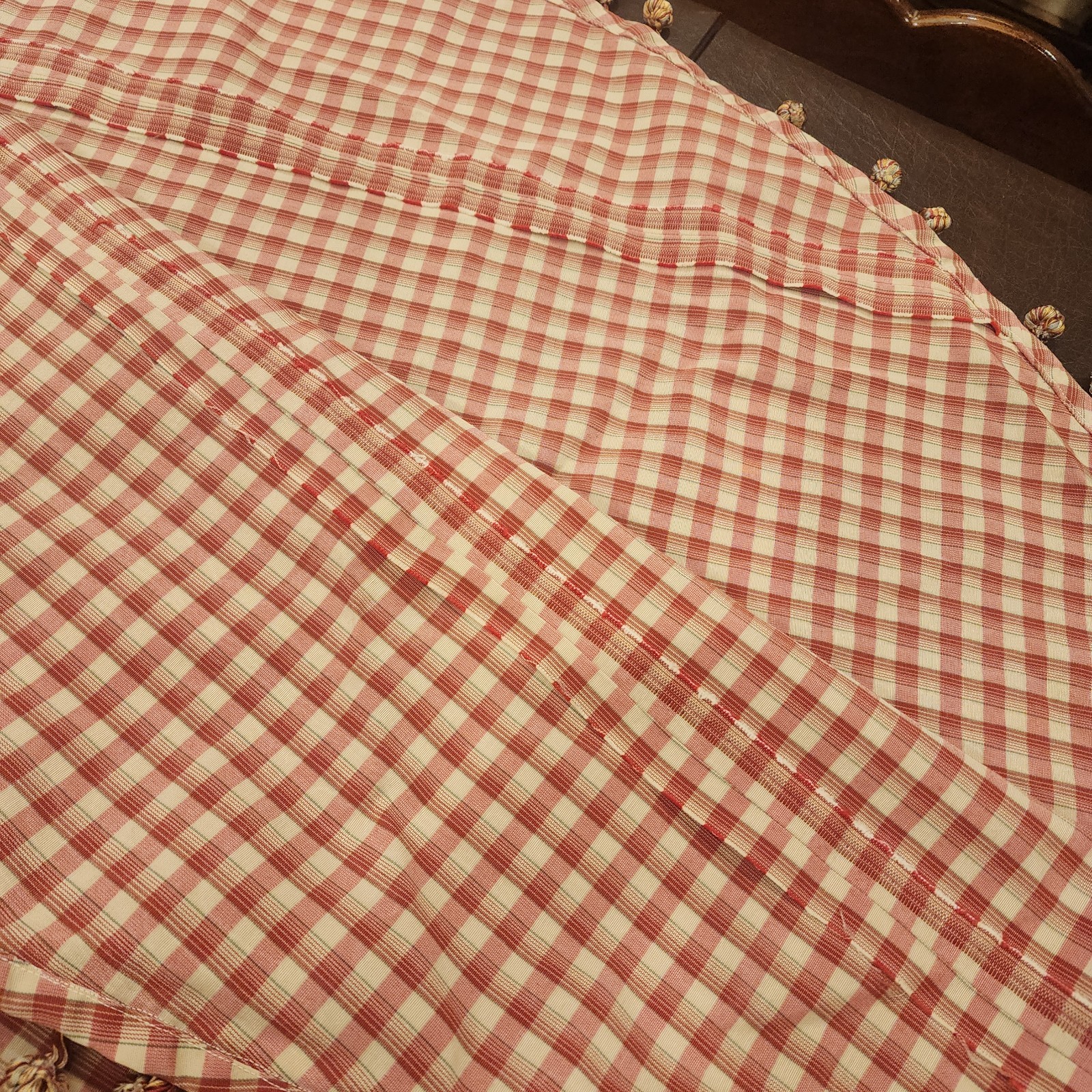 Custom Made Orange Gold Checked Round Tablecloth Pom Pom Trim Ribbon 71 in.