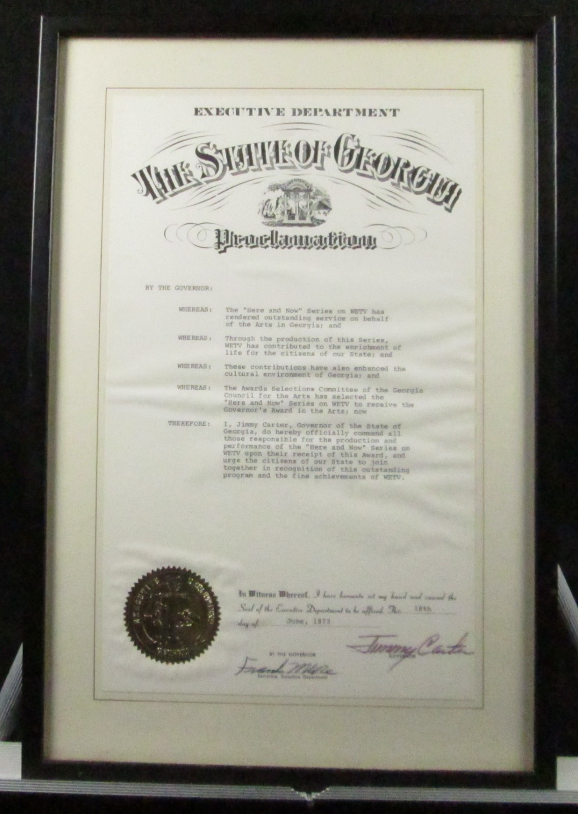 Framed Jimmy Carter HAND SIGNED 1973 Governor’s Award in the Arts, Official Seal