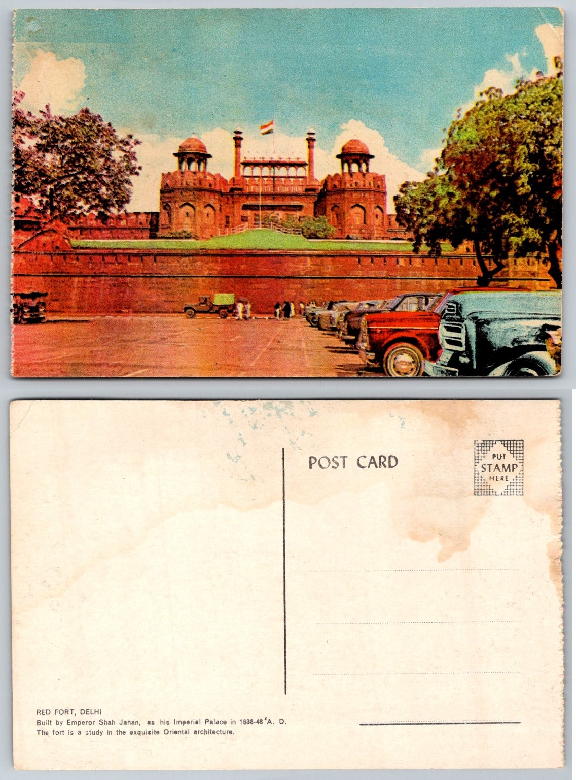 Vintage Red Fort Delhi India Postcard 1950s Mughal Architecture Cars