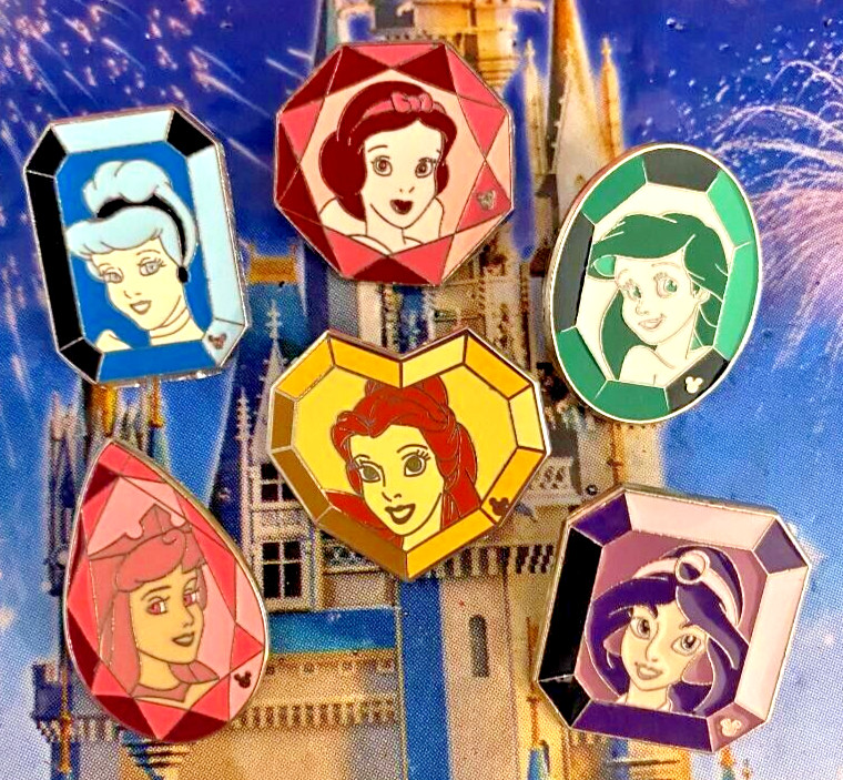 👑 Complete Set of 6 Disney Princess Precious Gems Pins – Hidden Mickey Series