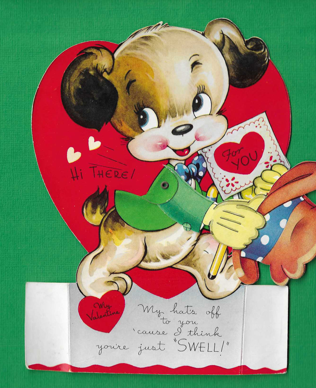 vtg 7 1/2″ A-MERI-CARD mechanical My Hat Off to You VALENTINE Card Puppy Dog B1