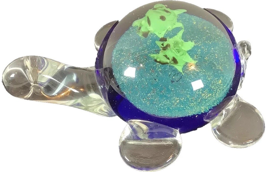 Hand Blown Art Glass Sea Turtle Paperweight Blue Green Figurine Ocean Decor 6 in
