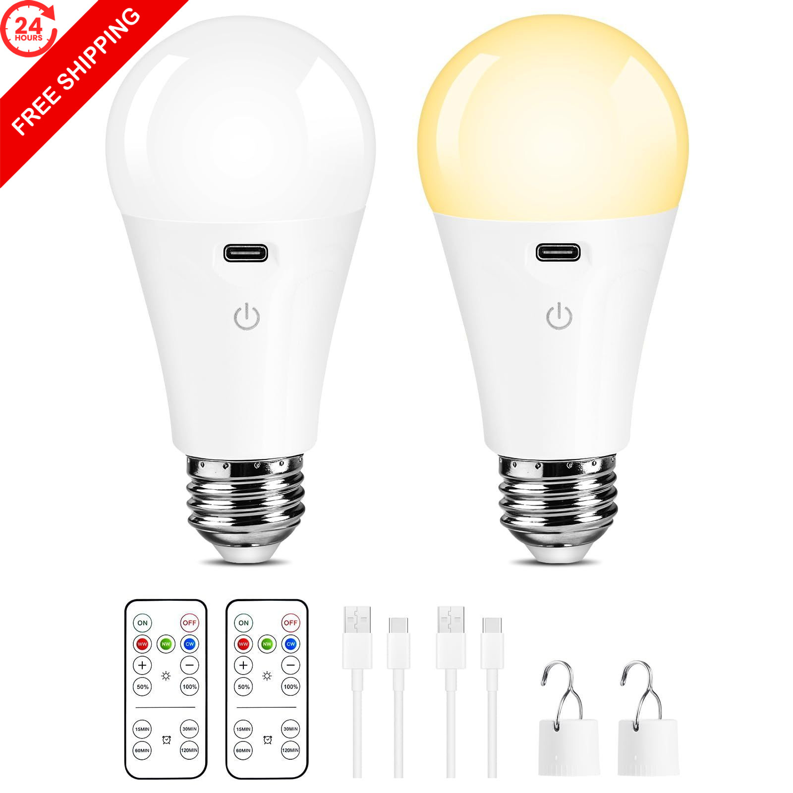 E26 Rechargeable Light Bulbs with Remote Control, Battery 2 Pack, 2 Pack