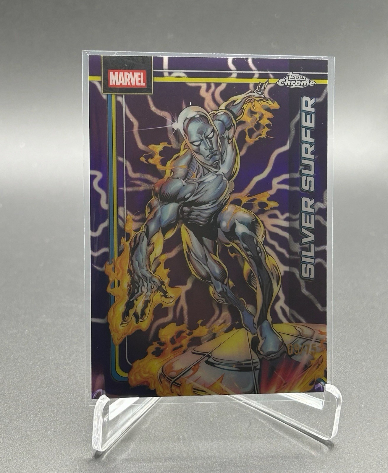 2026 TOPPS CHROME MARVEL COMICS #157 SILVER SURFER STORM’S PURPLE LIGHTNING /75