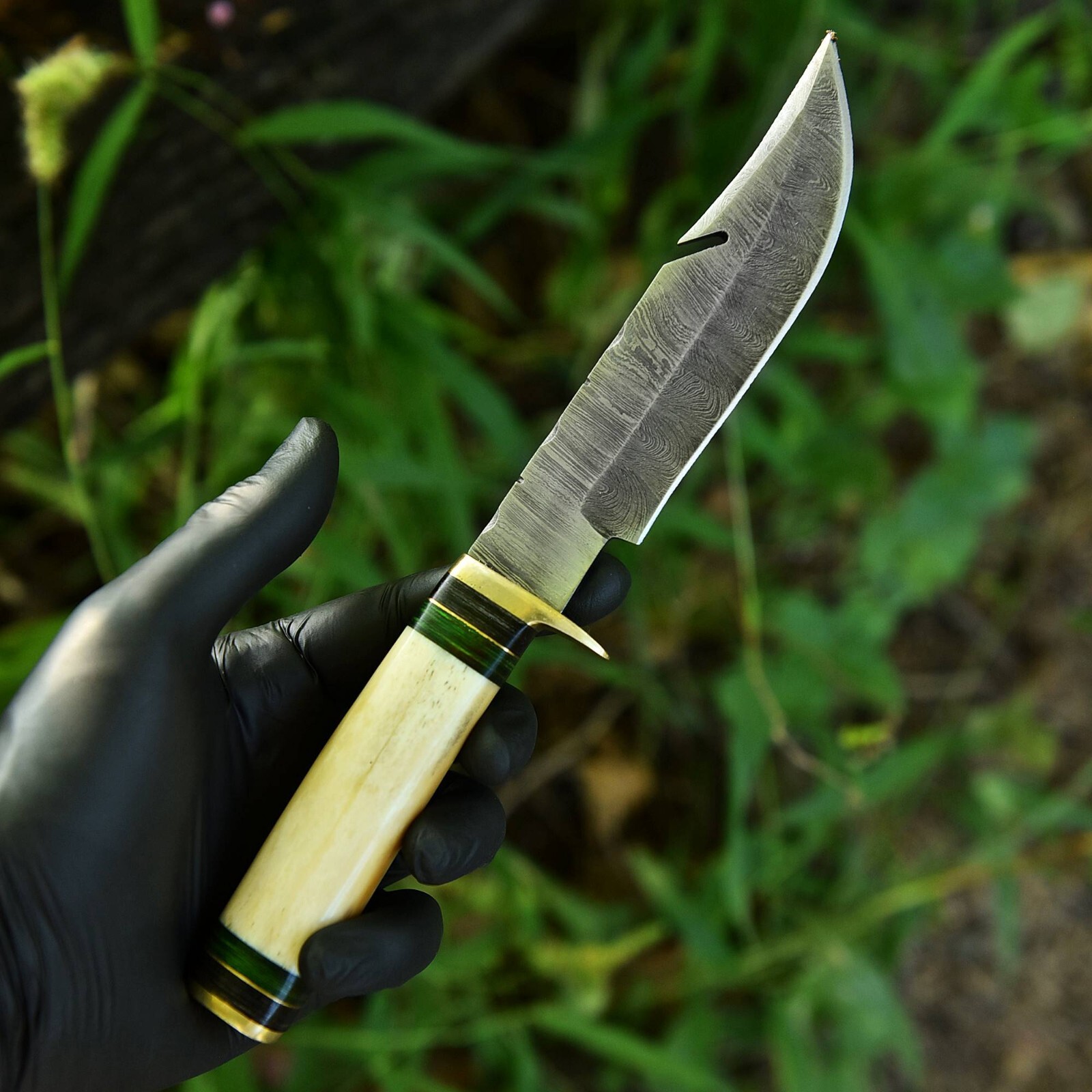 Handmade Damascus Steel Hunting Knife Camel Bone Handle – Gut Hook Blade Skinner