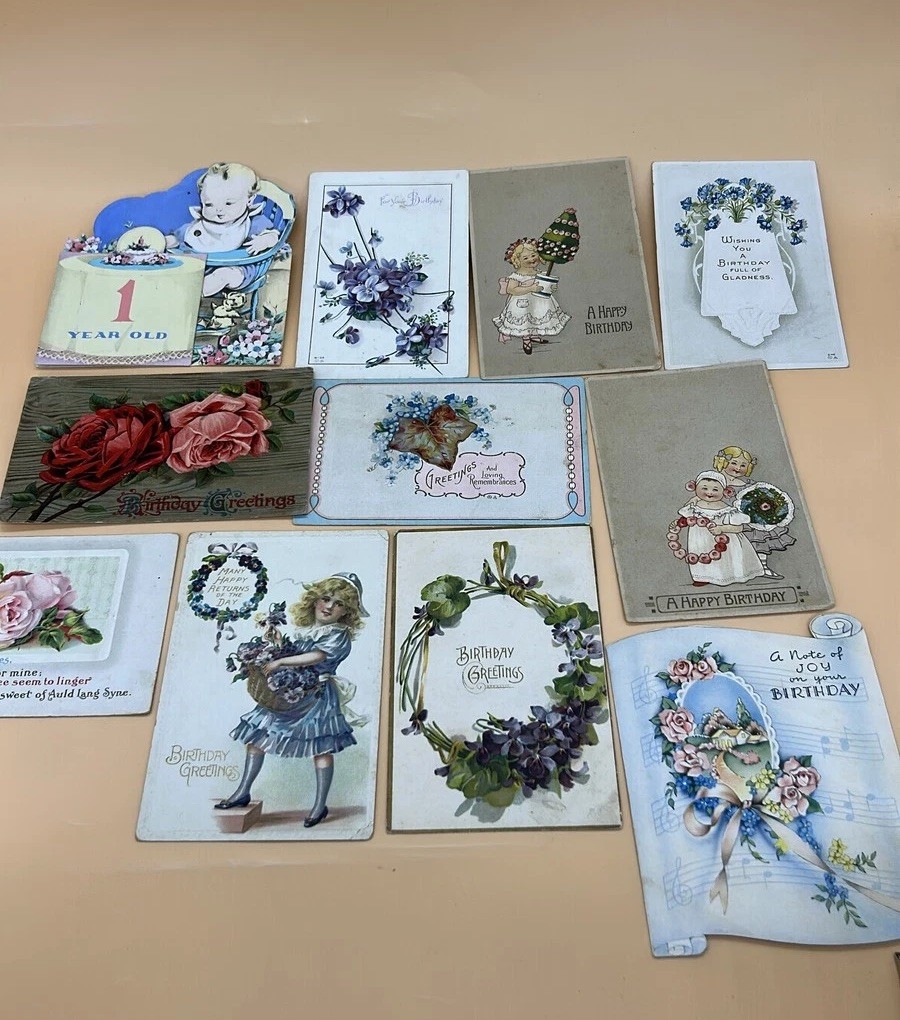 Lot of 11 Birthday Greeting Cards Floral Children Ephemera Collection. Vintage
