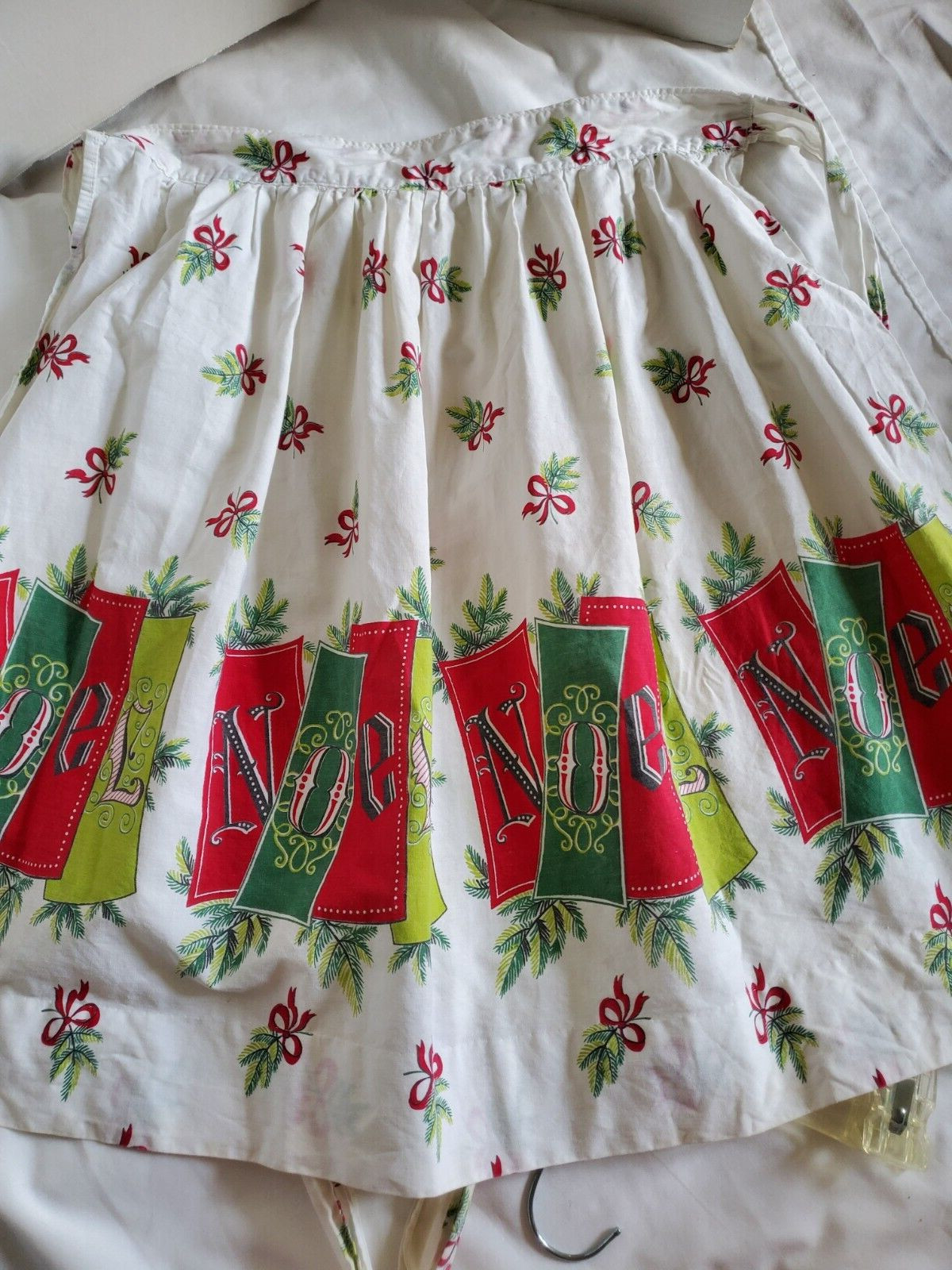 Christmas hostess-Vintage half apron-36in x 23in-NOEL fabric pine boughs/bows