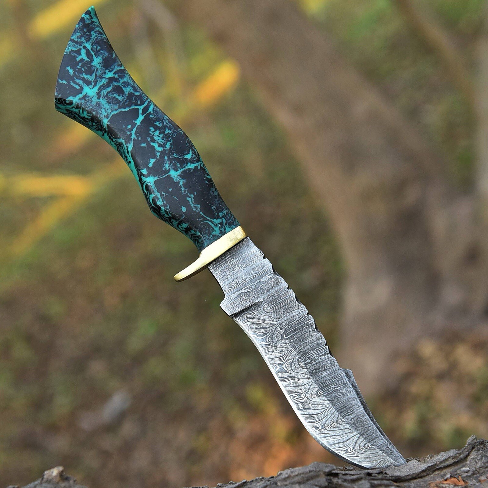 Damascus Fixed Blade Hunting Bowie Knife Leather Sheath Outdoor Hunting EDC