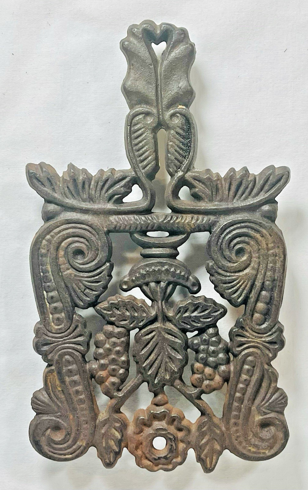 Vintage Cast Iron Trivet Grapevine Scroll Design Solid Piece with Aged Patina