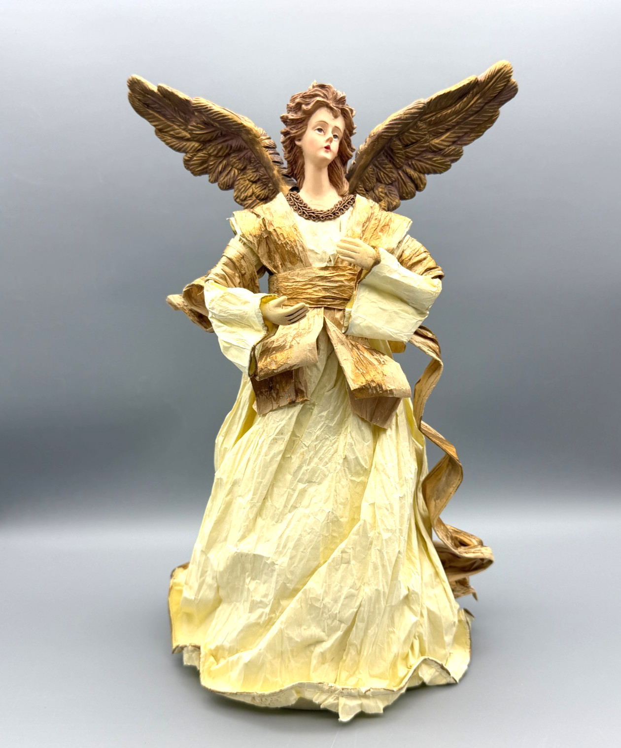 Vintage Cartapesta Style Paper-Mache Christmas Tree Topper Statue 11″ Beige Gold