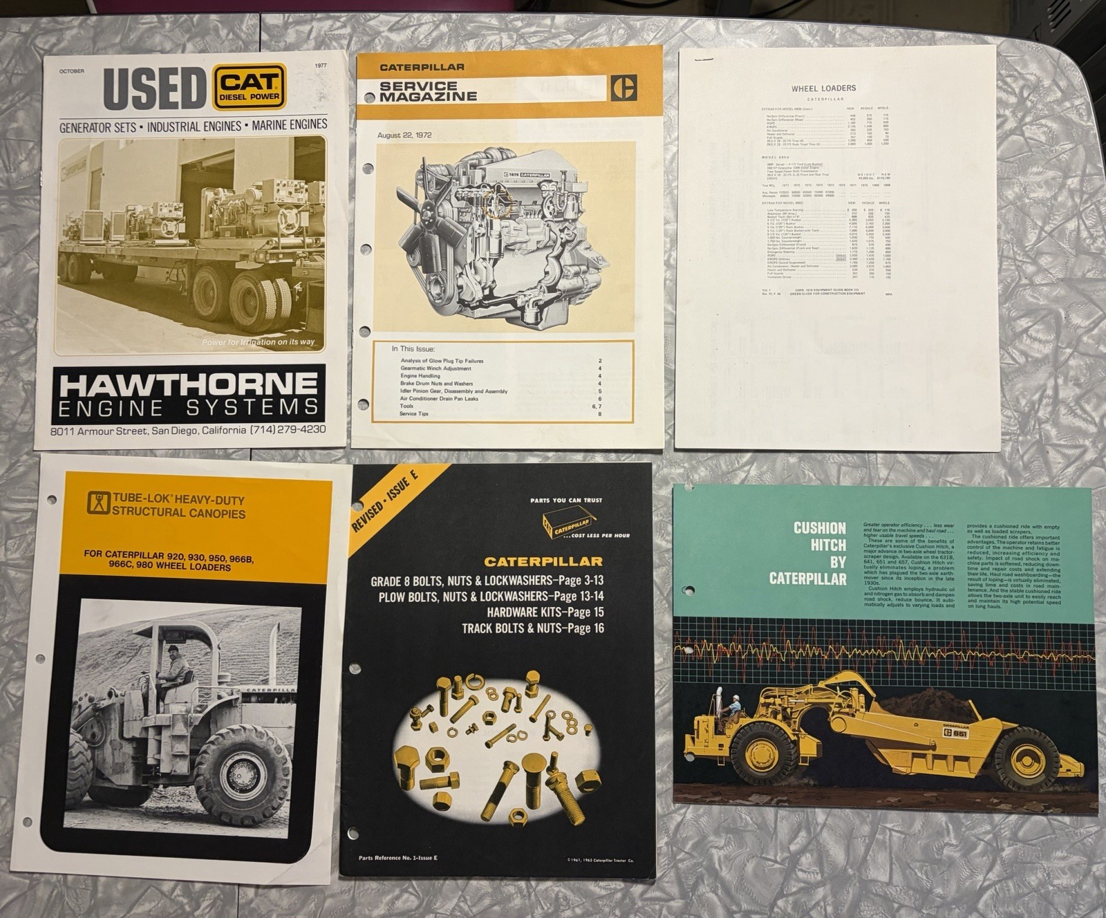6 1960’S-1970’S CATERPILLAR SALES BROCHURES CATALOGS USED CANOPIES BOLTS HITCH +