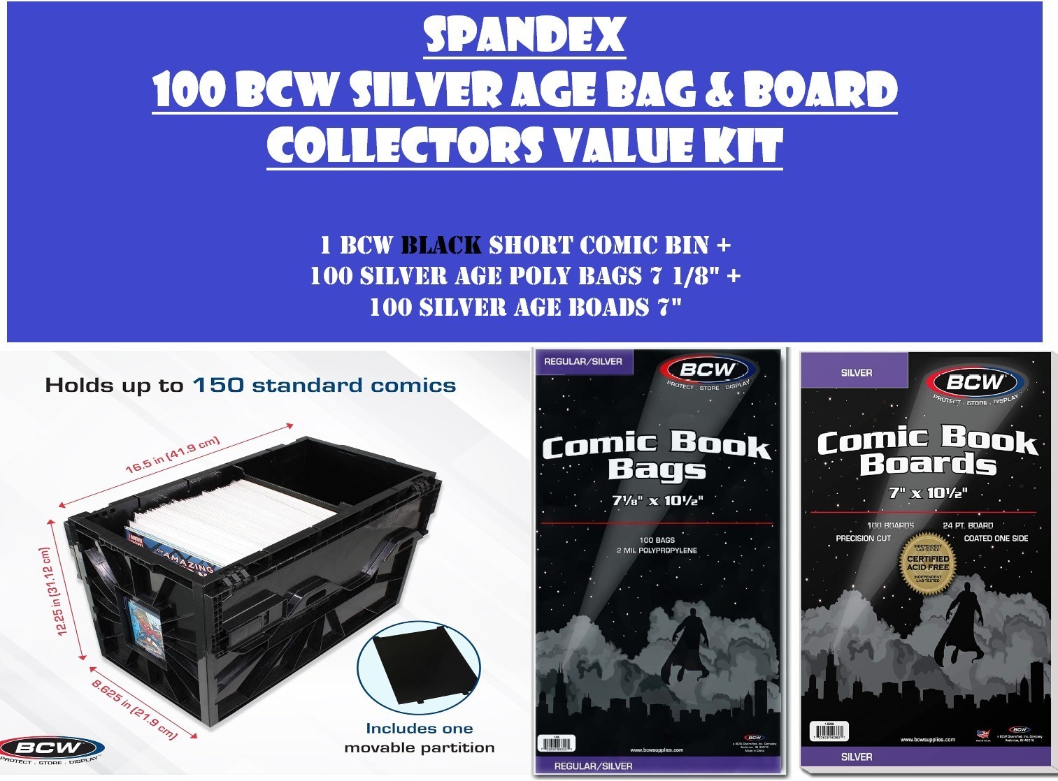 BCW 1 Black Short Comic Bin w/ 100 Silver Age 2-Mil Bags & Silver Boards Bundle