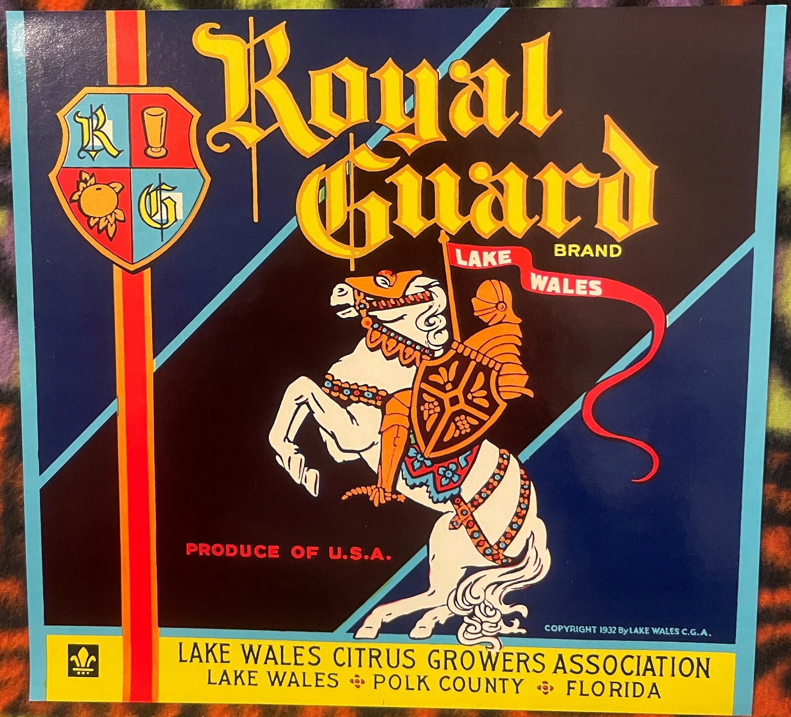 Vintage 1930s Royal Guard Crate Label, Lake Wales, FL, Knight on Horseback ⚔️