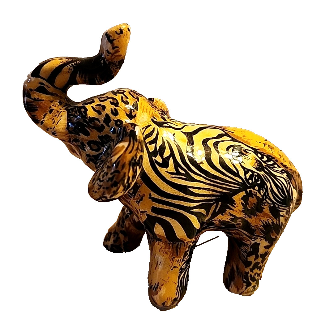 Patchwork Elephant Figurine Safari Animal Print 5″ Tall Ceramic