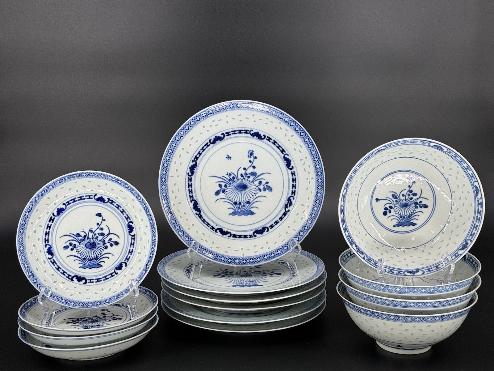 14-Piece Set Chinese Porcelain Blue White Rice Grain Plates Bowls, Wan Yu Marks