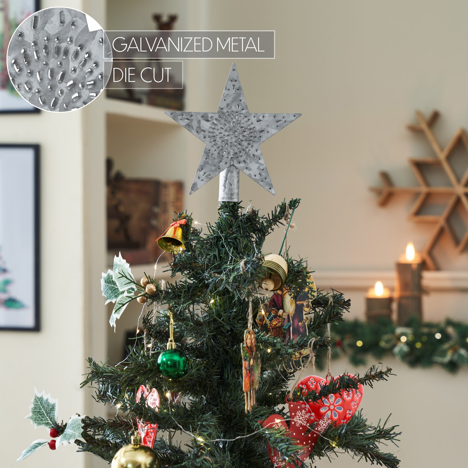 Punched Metal Star Tree Topper Galvanized 6.75×6.75×1 VHC Brands