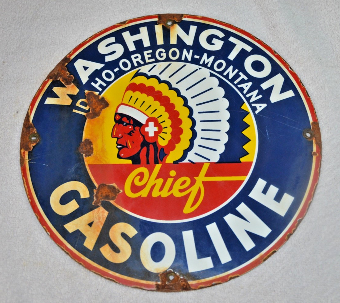 Vtg PORCELAIN WASHINGTON Gasoline ENAMEL SIGN 12″ INCHES