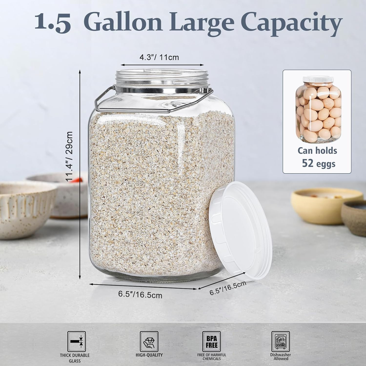 2 Pack 1.5 Gallon Glass Jar with Lid Wide Mouth, Large Mason Jar with Airtight S