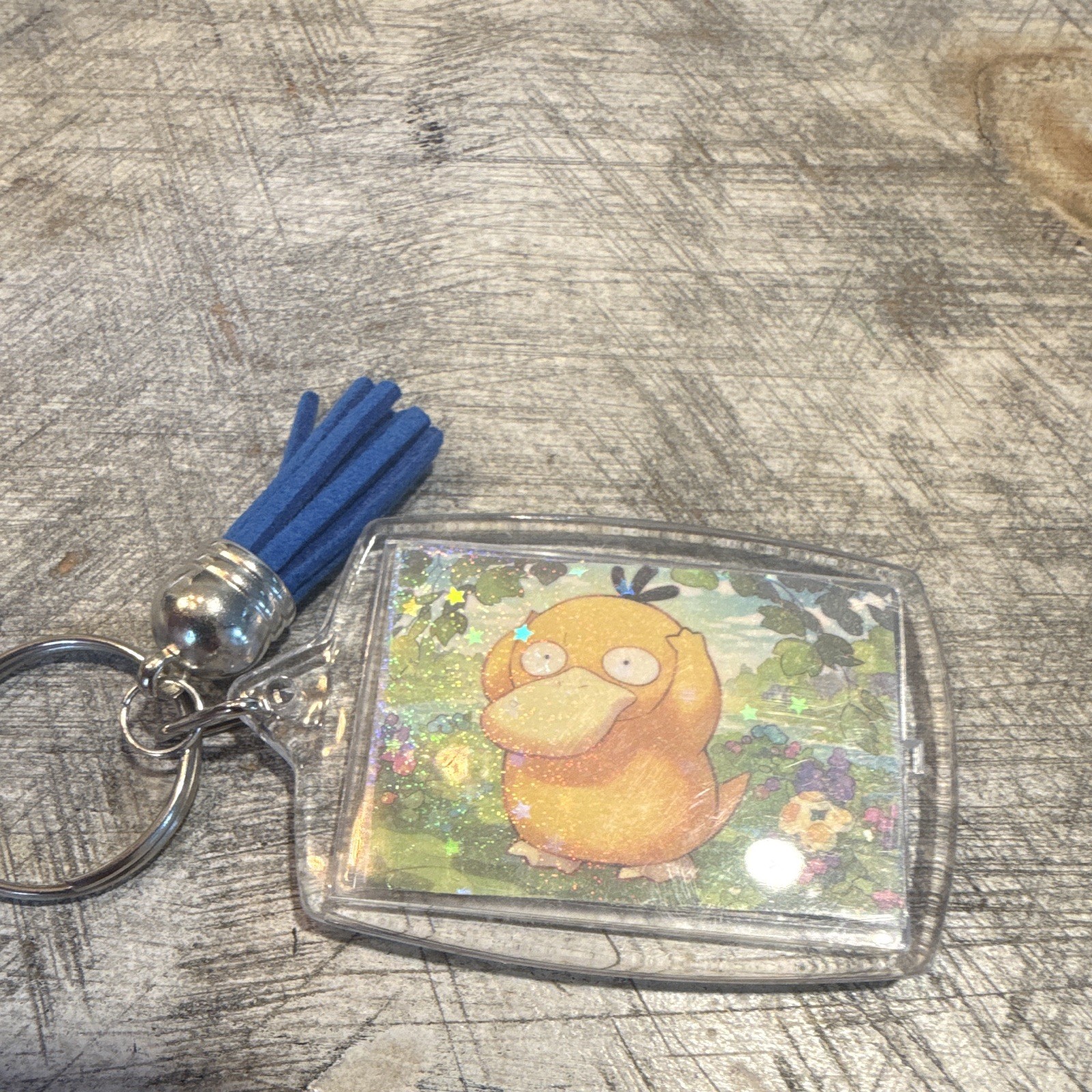 Pokémon Psyduck Plastic/Metal Keychain w/ Clear Rectangle Charm, Blue Tassel