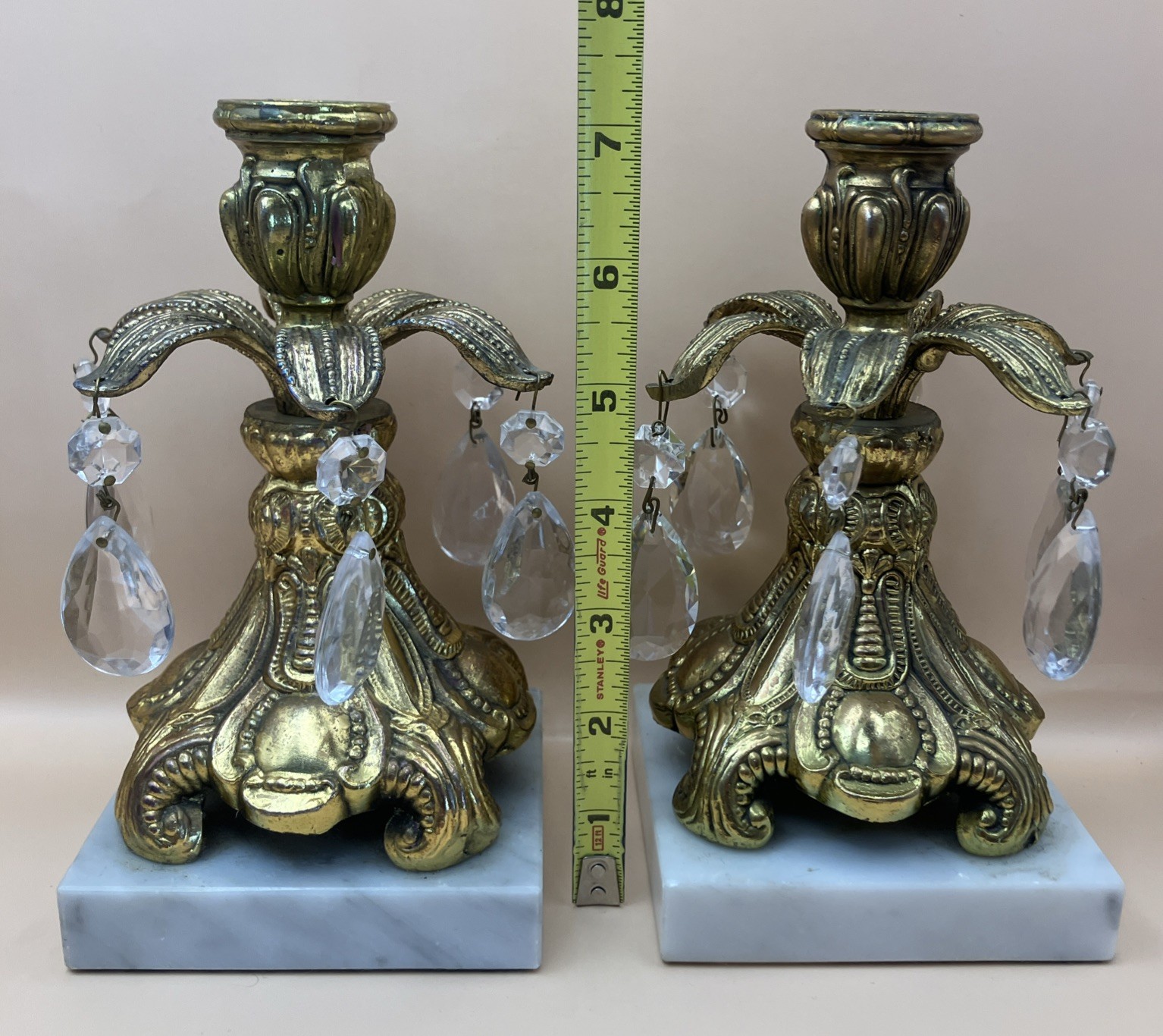 Vintage Brass Marble & Crystal Candlesticks Set of 2 All Crystals Present EUC!