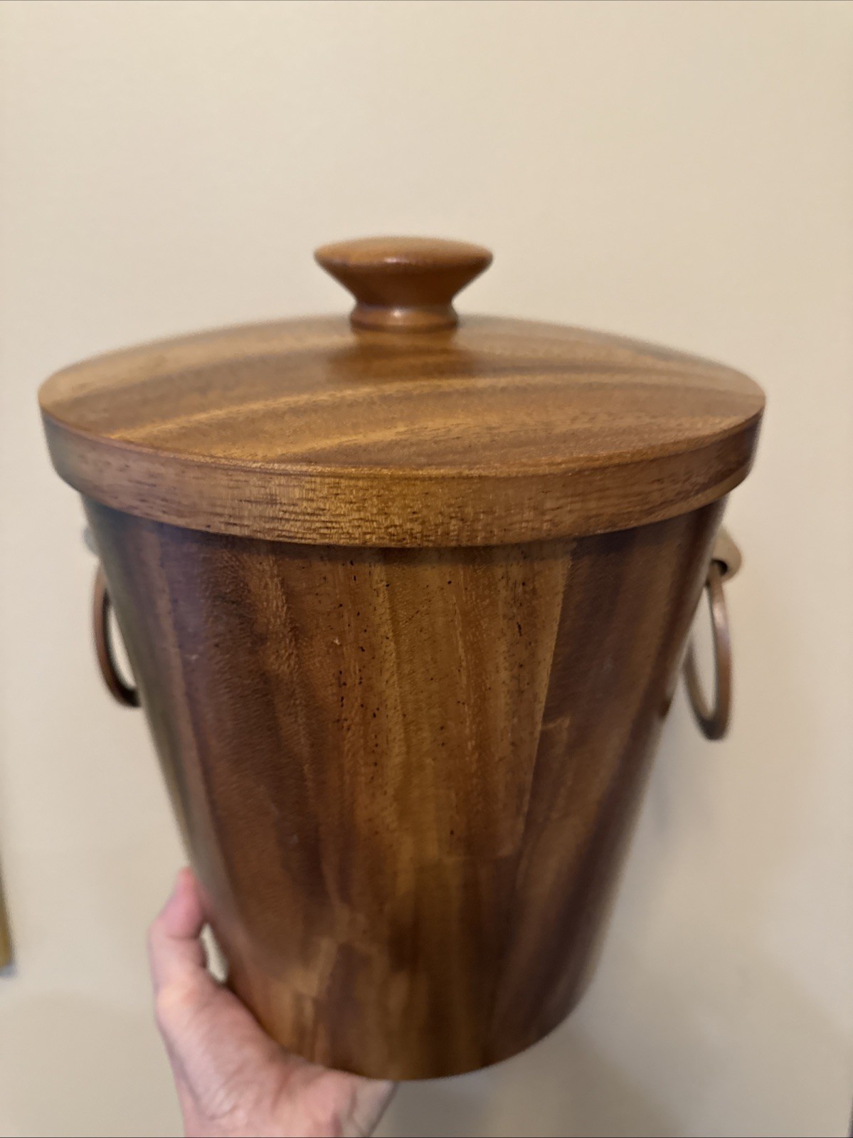 VTG KMC Teak Ice Bucket MCM Wood Ring Handles Aluminum Liner Retro