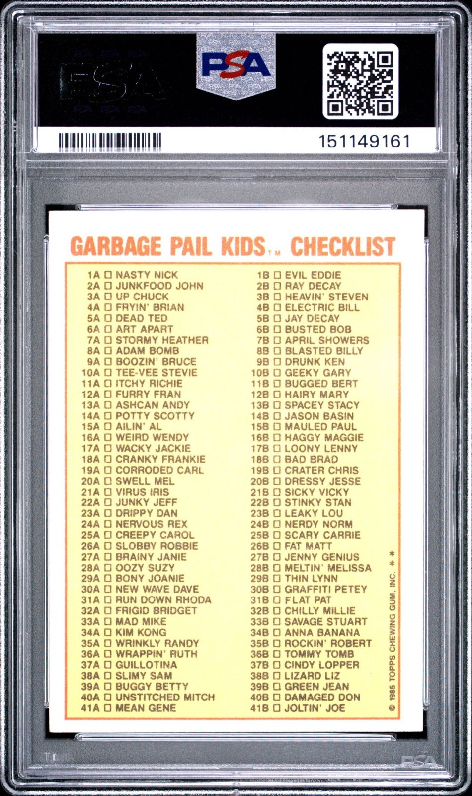 1985 Garbage Pail Kids OS1 Series 1 #8b Blasted Billy Checklist matte back PSA 6