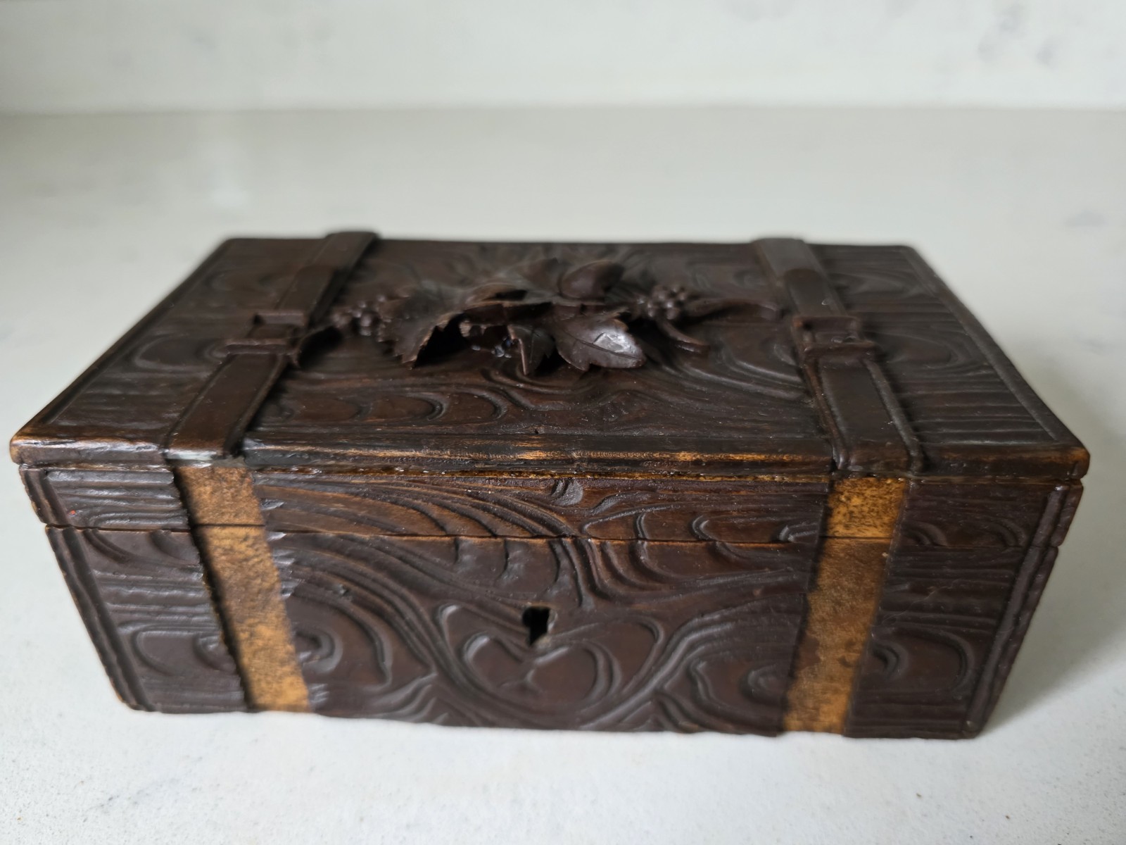 Antique German Black Forest Faux Wood Relief Trinket Box with Grapevine Relief