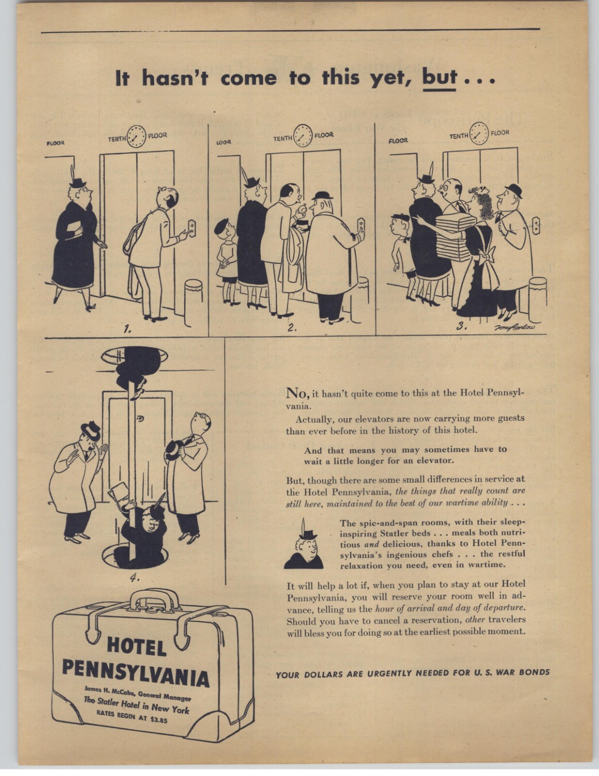 1944 Hotel Pennsylvania Vintage Print Ad WWII Cartoon Art Illustration Ephemera