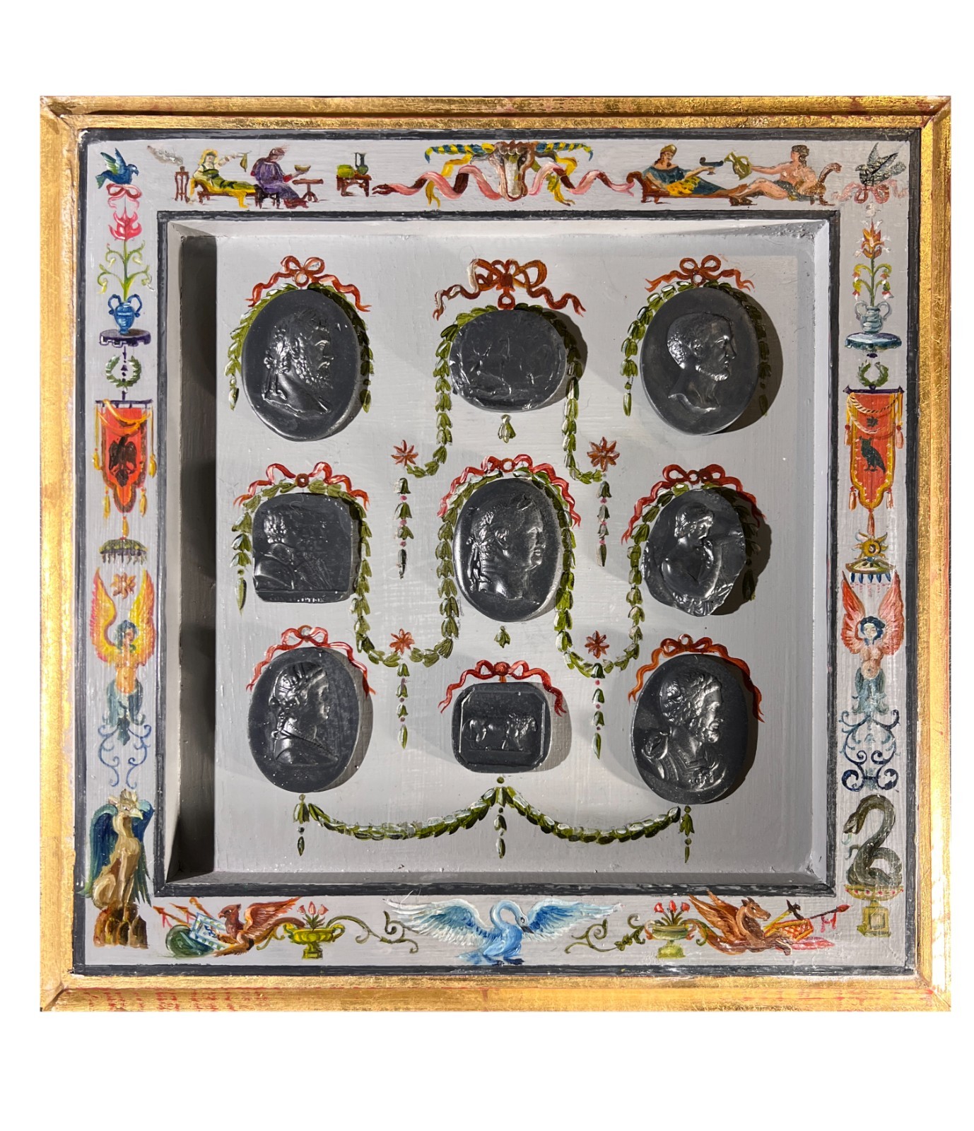 Renaissance Revival Grotesche Painted Frame With Neoclassical Grand Tour Intagli