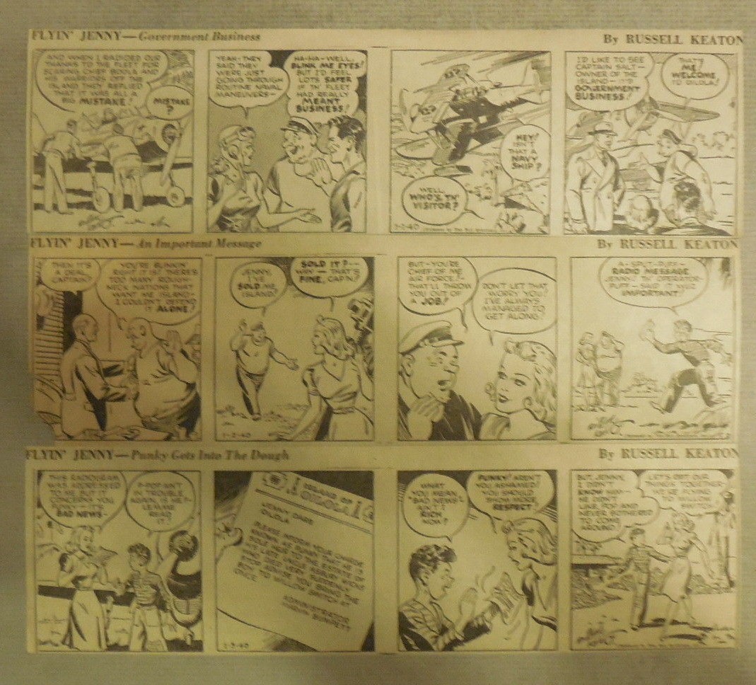 (290) Flyin’ Jenny Dailies by Keaton & Chaffin from 1942 Size: 3 x 10 inches