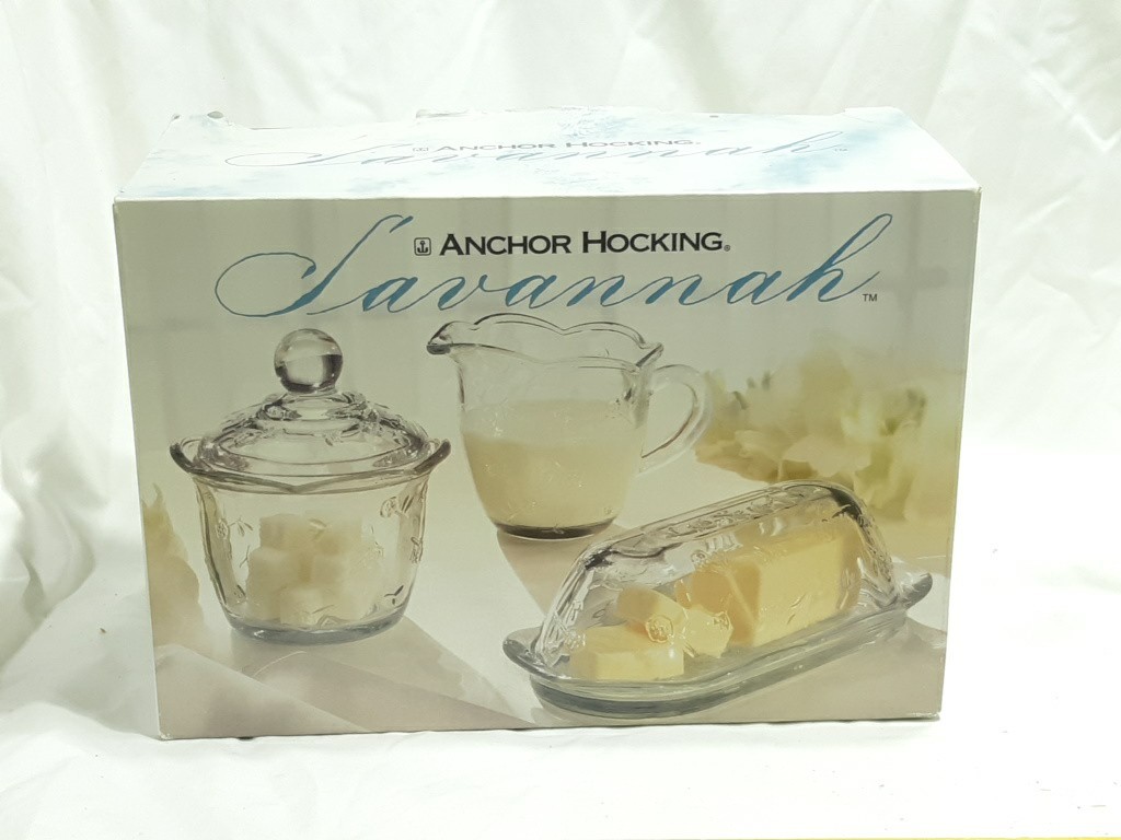 IOB Vintage Anchor Hocking Savannah Covered Butter Dish Creamer & Sugar Bowl Set