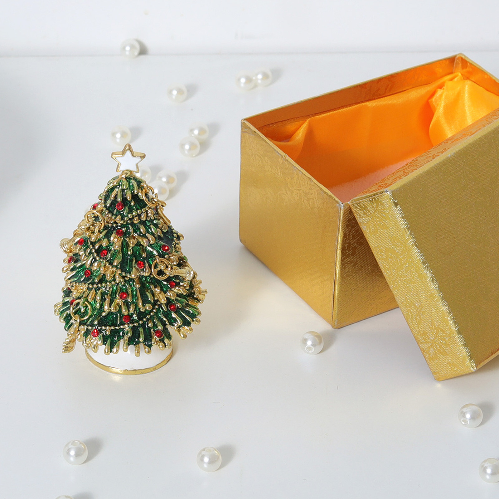 Christmas Tree Trinket Box Hinged Rhinestone Jeweled Color Enamel Ring Box Gift