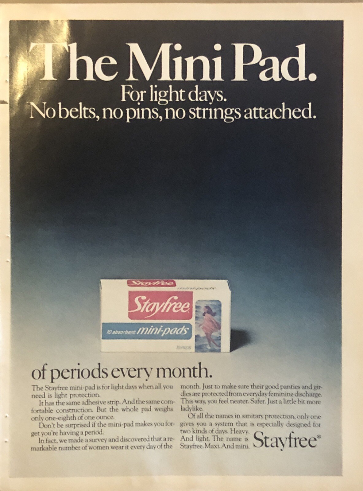 1972 Stayfree Mini-Pads PRINT AD Light Days Of Periods Every Month VTG 1970s