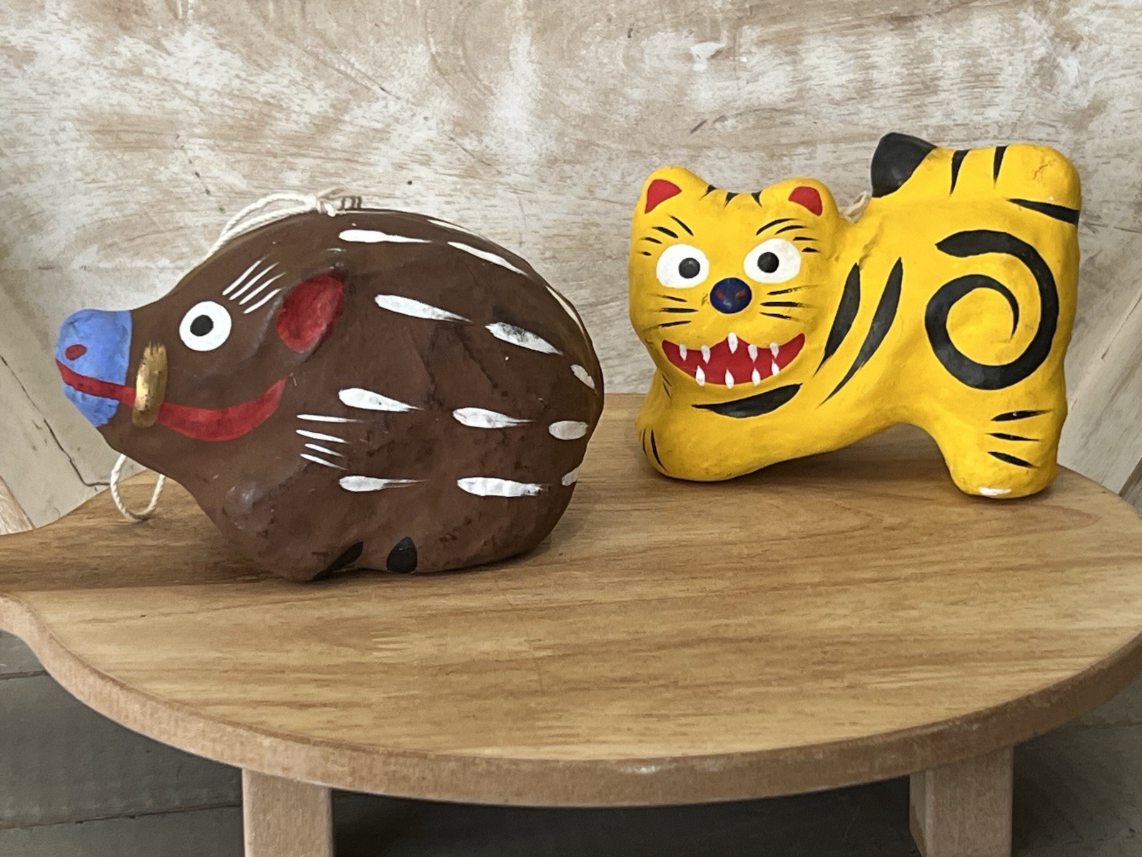 VTG 2 Japanese Hariko Papier-Mâché Tiger And Boar Folk Art Ornament Rare & Uniqu