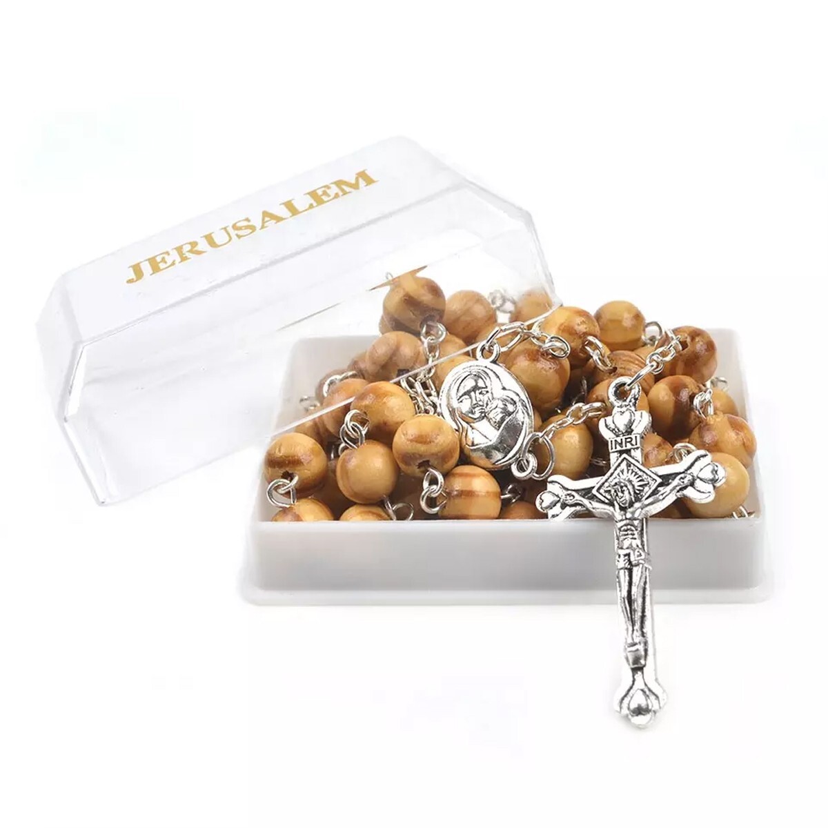 Catholic Town 6mm Olive wood beads rosary with Holy Land medal ( CTRMSHS-IVR )