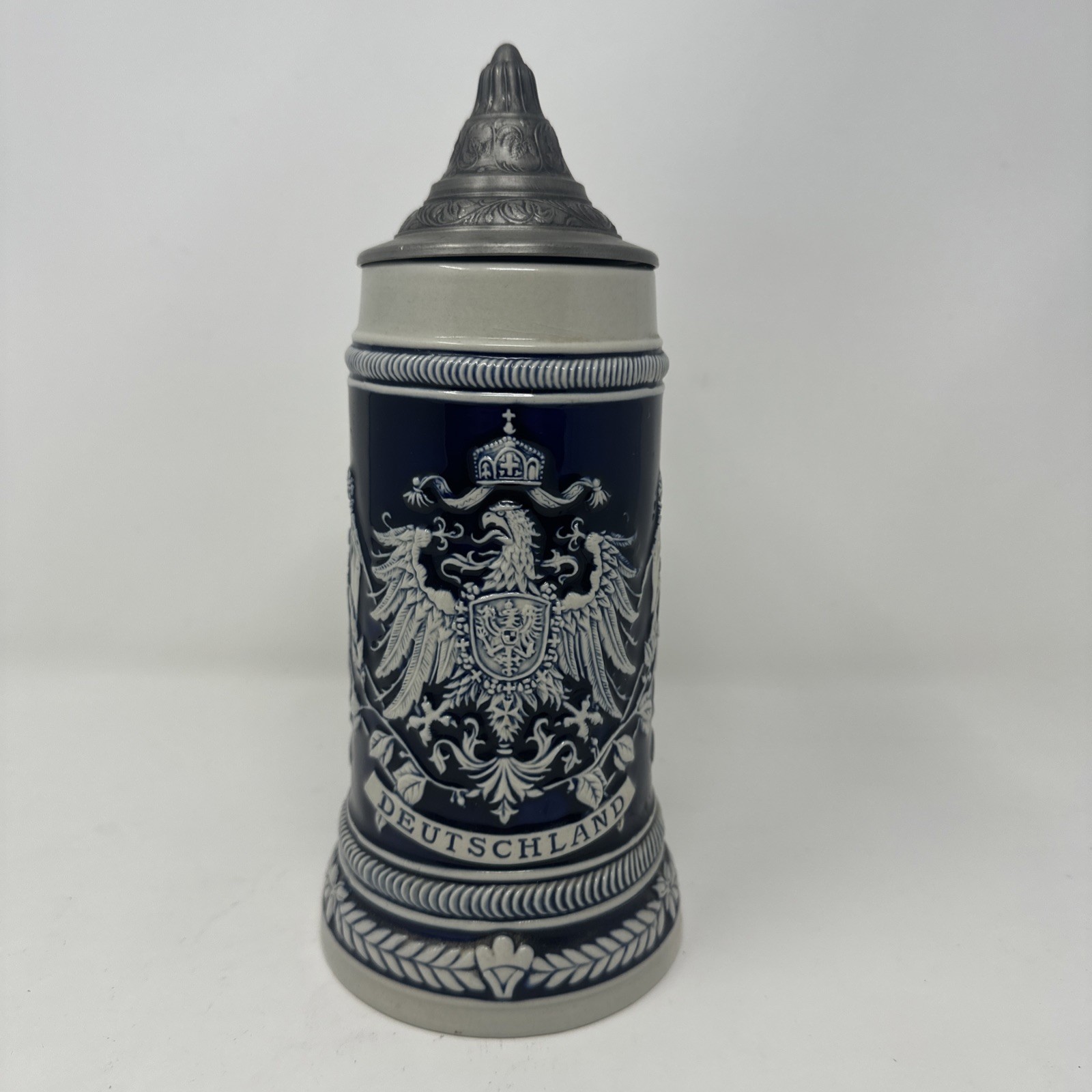 Vintage GERZ Germany Beer Stein Lidded Deutschland Cobalt Blue Gray 10″