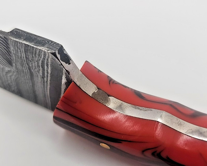 Custom Handmade Damascus Gut Hook Knife Red Black Resin Handle w/ Leather Sheath