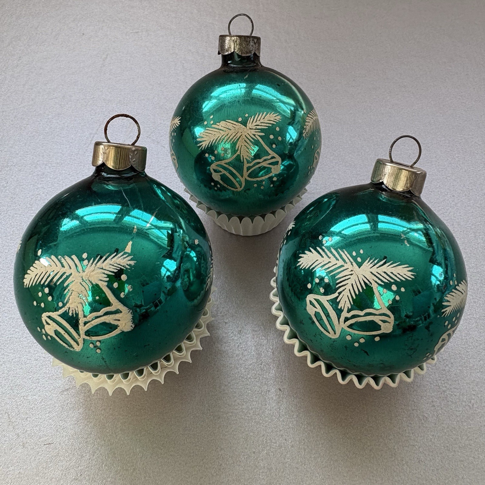 VTG 3 Shiny Brite ? Teal Stencil Bells Mercury Glass Ornament USofA