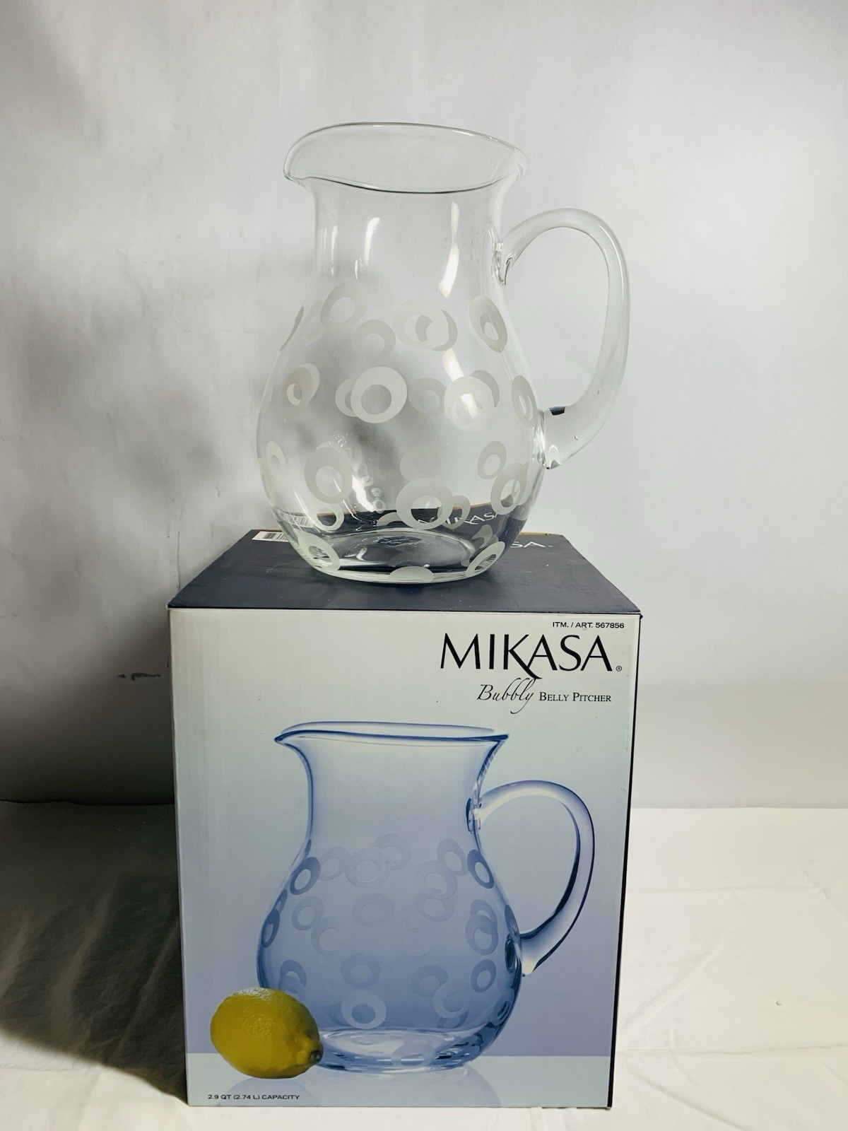 Mikasa Bubbly Belly Pitcher 2.9 QT Hand Cut Etched Glass