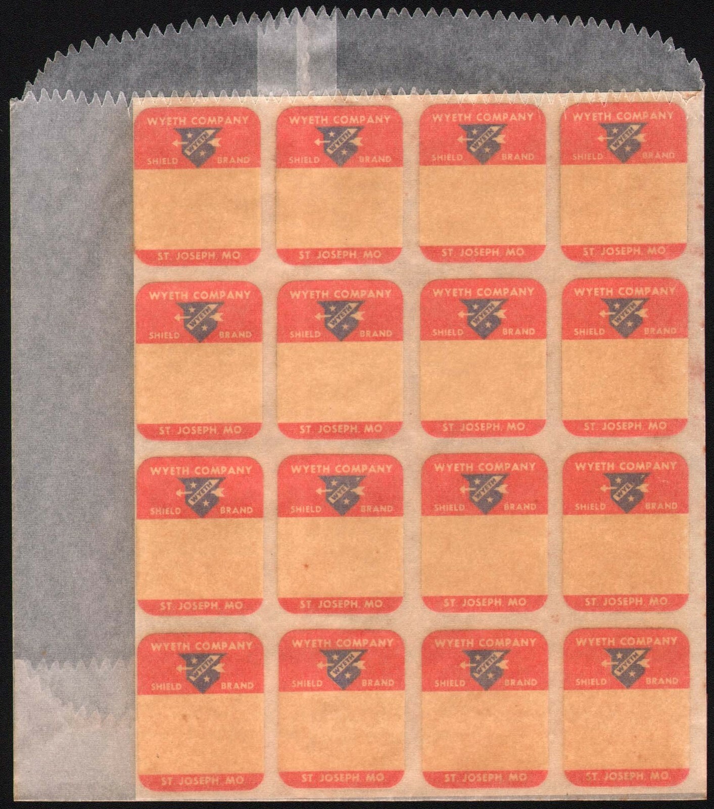 Vintage tags WYETH COMPANY hardware St Joseph Missouri sheet of 16 unused exc++