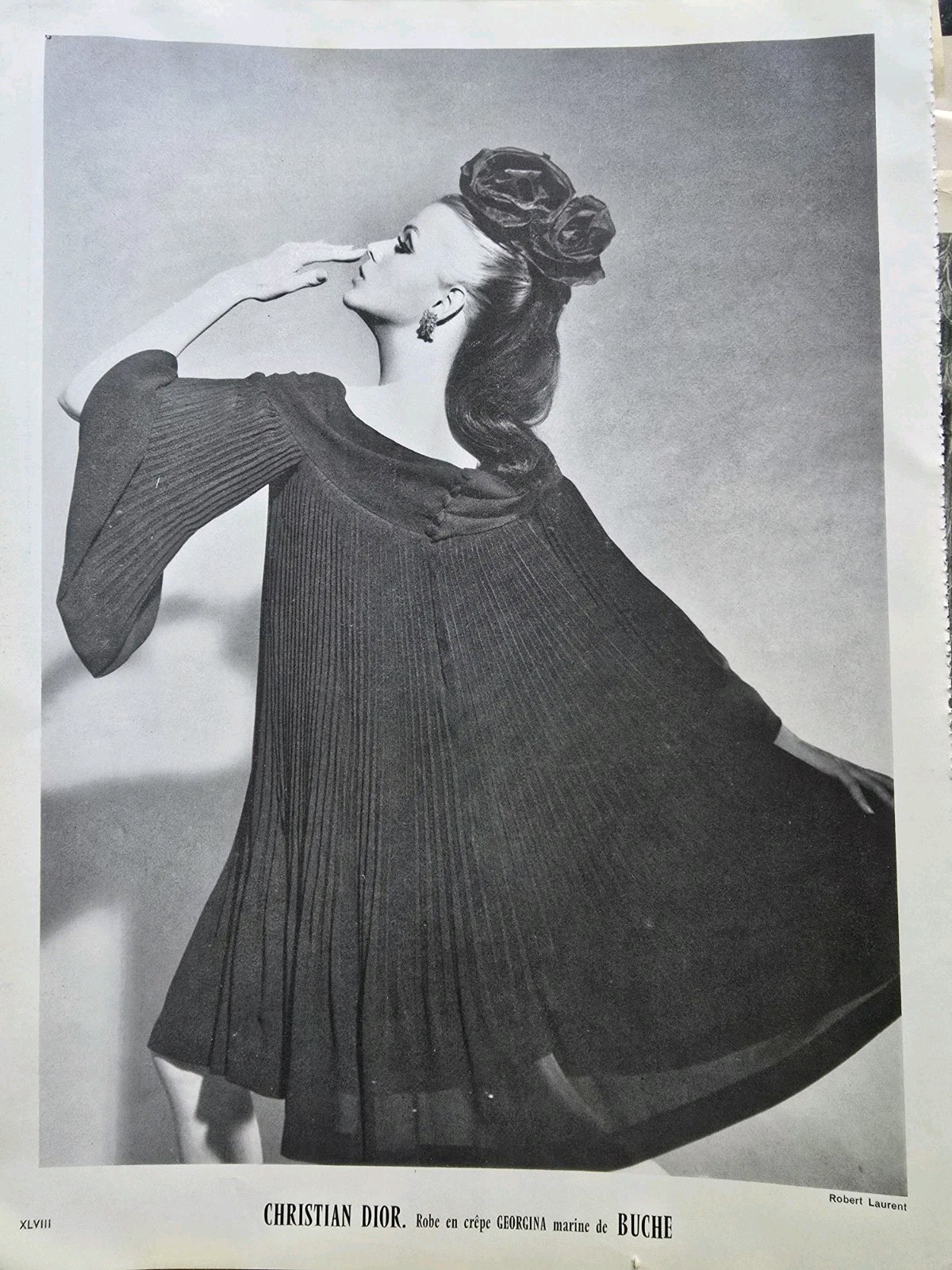 1966 Women’s Black Christian Dior Pleated Dress Vintage Fashion French Ad