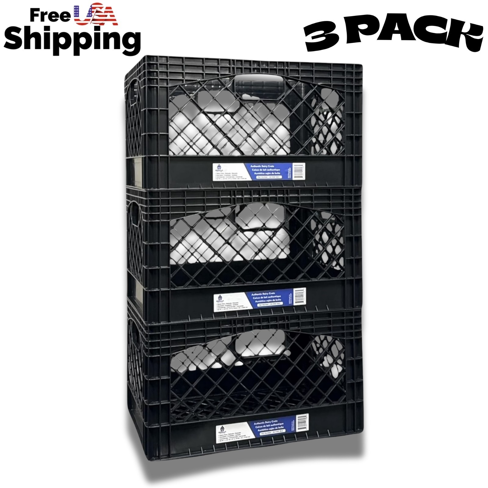 24QT Plastic Storage Heavy-Duty Milk Crate, Black 3 Pack, New