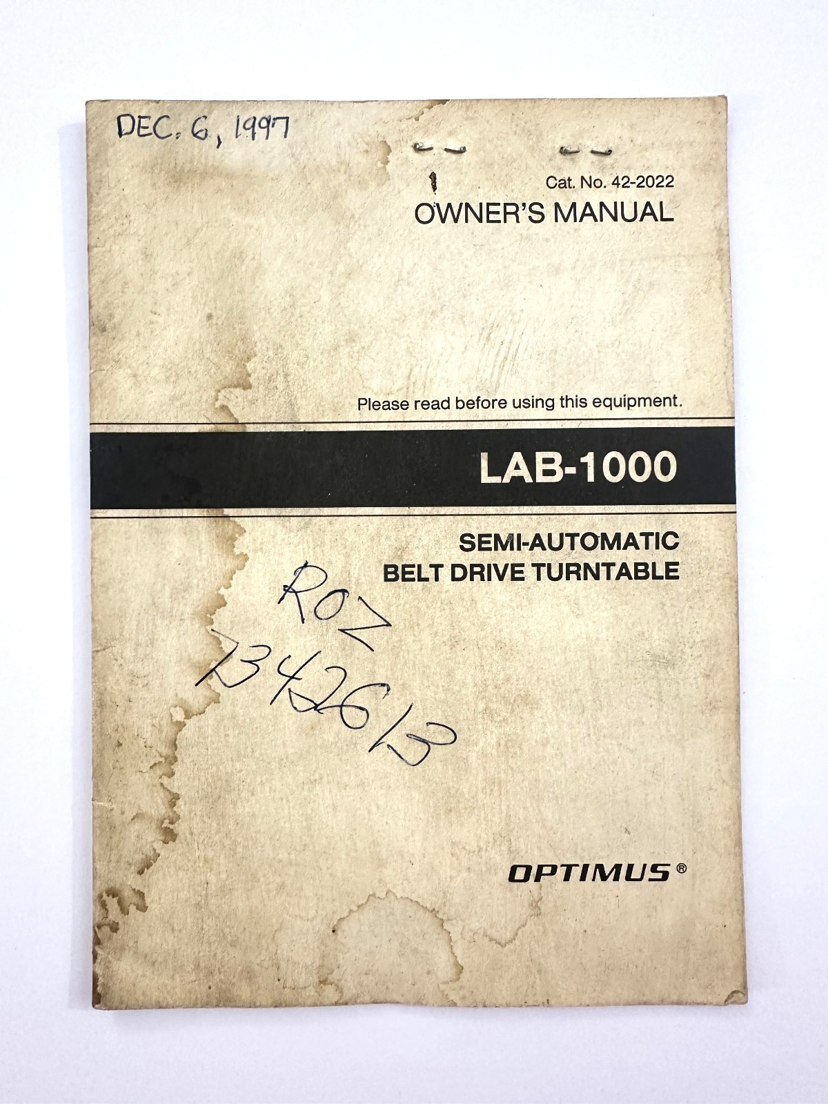 Optimus Radio Shack Turntable Owner’s Instruction Manual LAB-1000 42-2022