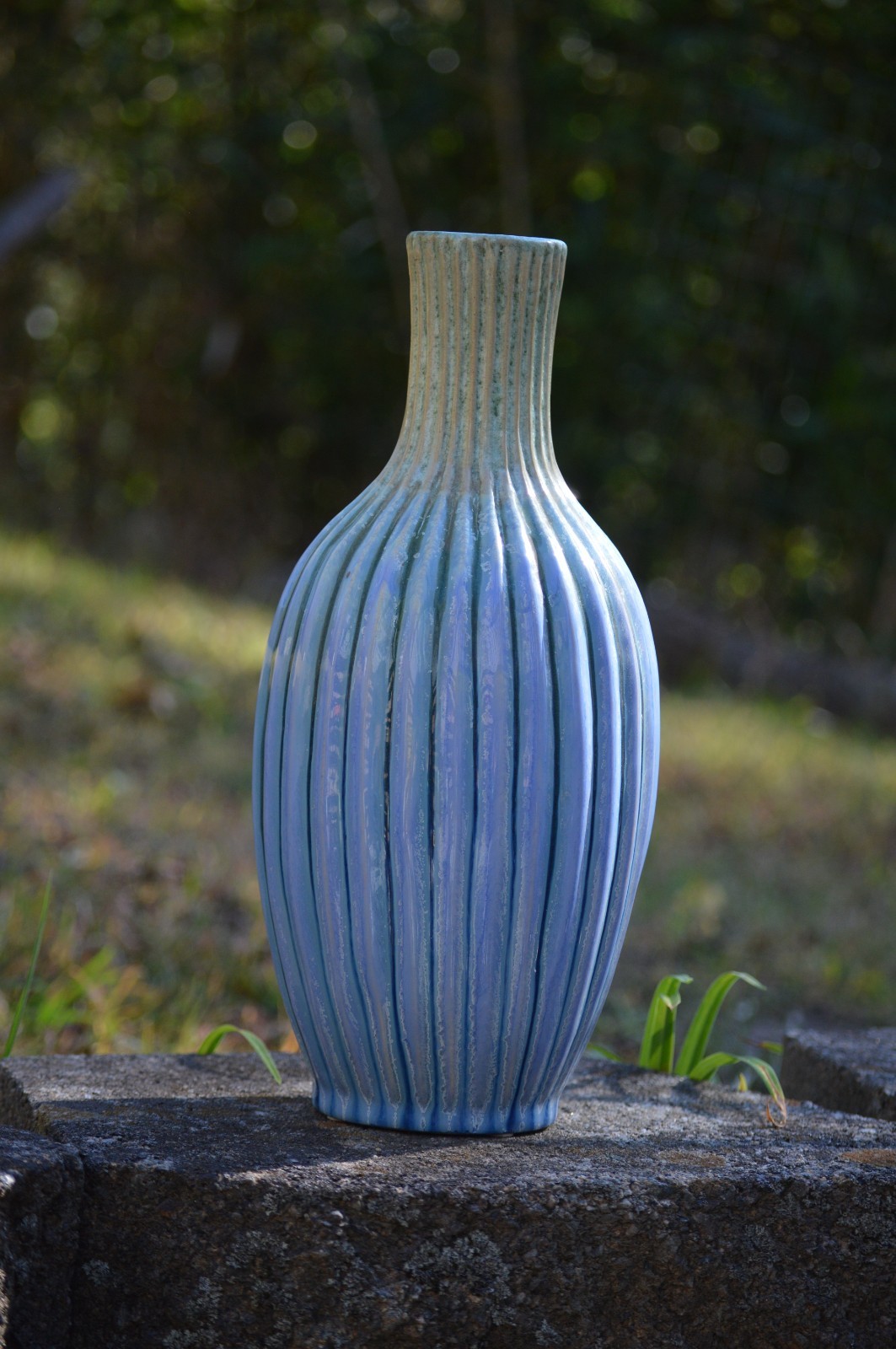 Handmade Sky Blue Fade Glazed Ceramic Earthenware Fluted Table Vase