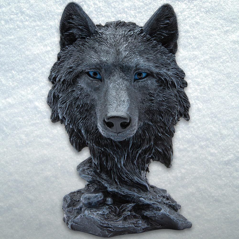 Black Wolf Head Sculpture – Polyresin Construction, Hand-Painted, Very Detailed