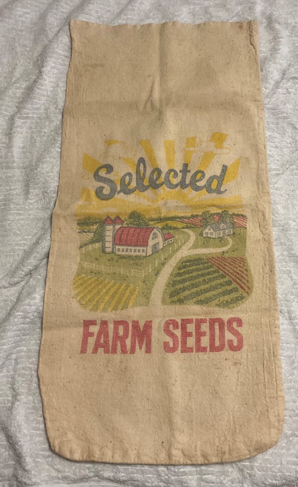 Vintage Selected Farm Seeds with a Farm Scene Cloth Seed Bag (read)